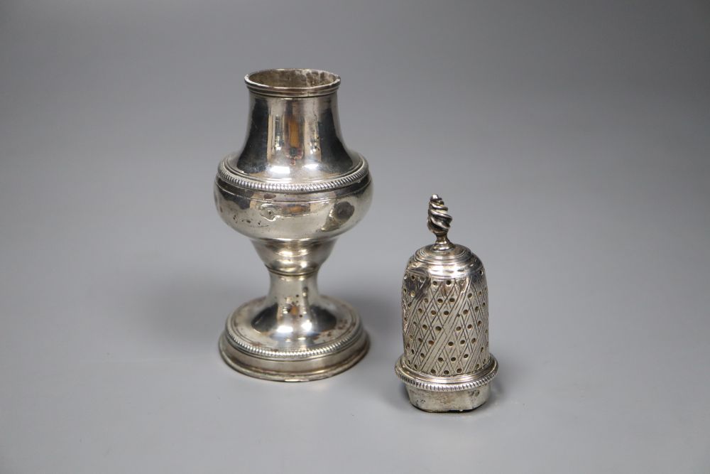 A George III silver pepperette, base Sutton & Bult, London, 1783, cap has makers mark for Hester Bateman?, 14.5cm, 80 grams.